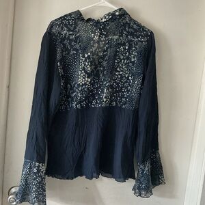 Jonathan Martin Navy and White Patterned Blouse